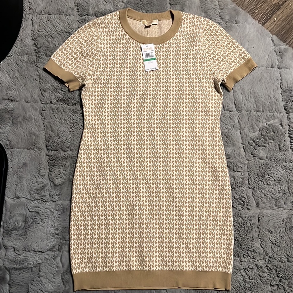 Michael Kors Logo Printed Khaki Sweater Knit Dress